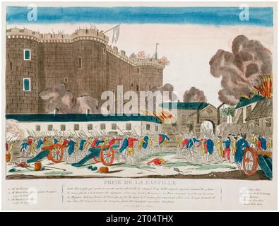 The arrest of the Marquis de Launay at the Storming of the Bastille, July 14th 1789, hand coloured engraving, 1789 Stock Photo