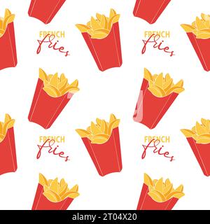 Pattern french fried potatoes in red box packaging. Fast food, junk. Box with inscription. Vector illustration Stock Vector