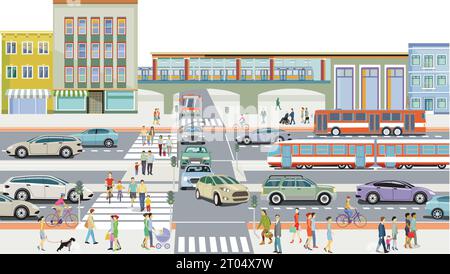 People on the crosswalk and road and rail traffic, illustration Stock Vector