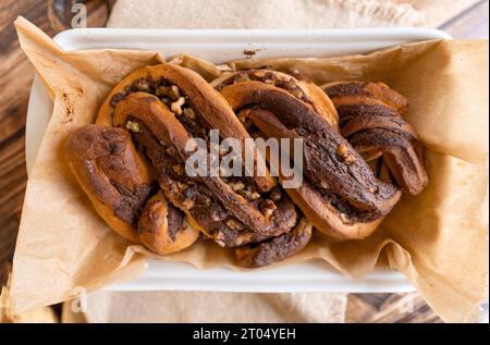 Freshly baked Chocolate babka, top view. Stock Photo