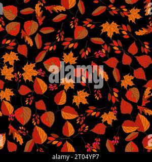 Vector hand drawn seamless pattern of fall leaves of birch, oak, maple, ash trees Stock Vector