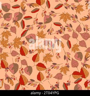 Vector hand drawn seamless pattern of fall leaves of birch, oak, maple, ash trees Stock Vector