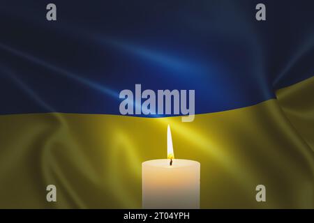 A candle burning on the background of the flag of Ukraine. Commemoration of dead Ukrainian soldiers and war victims. Copy space Stock Photo