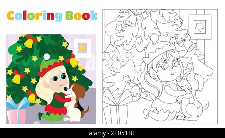 Christmas coloring book of a little elf girl sitting near a Christmas tree with a dog. A feeling of holiday and coziness. Coloring book for children. Stock Vector