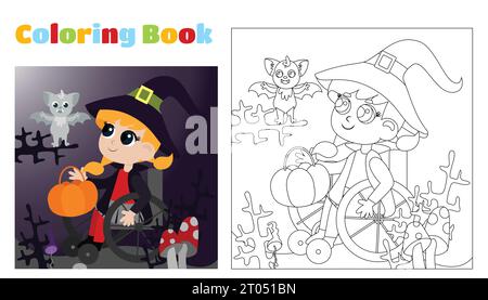 Coloring for children. Coloring for children and adults. A little witch rides in a wheelchair among the forest, branches and mushrooms with a basket. Stock Vector