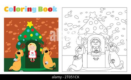 Christmas coloring book for children and adults. A feeling of celebration and fun. Mrs. Santa Claus and three deer sitting on a chair. Stock Vector