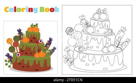 Coloring book for children and adults. Halloween cake three tiers in cartoon style.  Vector illustration for design of Halloween party, holidays. Stock Vector
