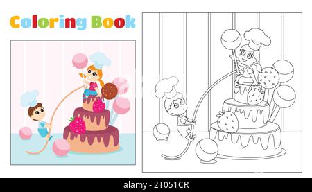 Children's coloring boy and girl in chef's hats near the cake and sweets. Coloring page for children ages 4-11 in kindergarten and elementary school. Stock Vector