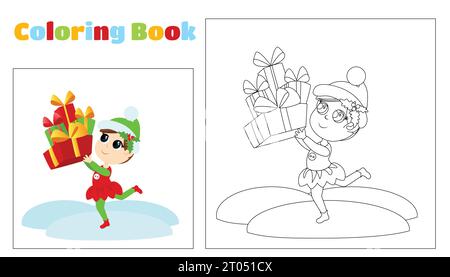 Coloring cute elf carries many gifts. The girl is dressed in a traditional costume and a cap. The child is happy. Coloring page for children. Stock Vector