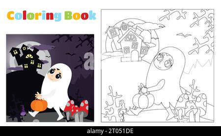 Halloween coloring book for children. A small child is dressed in a ghost costume and goes to the castle on the mountain. The child is very cute. Stock Vector