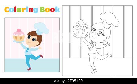 Children's coloring book, a boy in a chef's cap with a sweet cupcake in his hands. Stock Vector