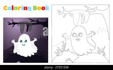 Halloween coloring book for children.A cute ghost on the background of a mystical forest, branches and cobwebs at night in a cartoon style. Stock Vector