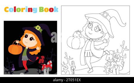 Coloring for children. A little witch runs among the forest, branches and mushrooms with a basket in the shape of a candy bar. Halloween coloring page Stock Vector