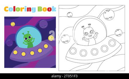 Children's coloring friendly alien flies in space on a flying saucer. Coloring page for children aged 4-8 in kindergarten and elementary school. Illus Stock Vector