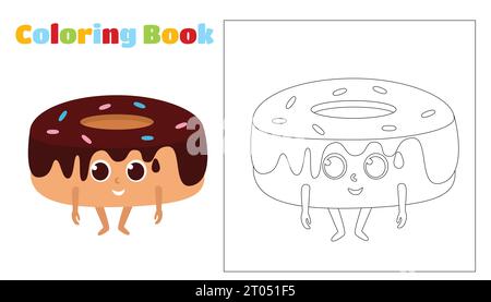 Coloring fun donut in chocolate glaze. The food has a face, arms and legs and smiles happily. Worksheet for children in kindergartens, schools. Stock Vector