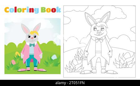 Children's coloring Easter hare dressed in a suit stands on green grass. Coloring page for children ages 4-11 in kindergarten and elementary school. Stock Vector