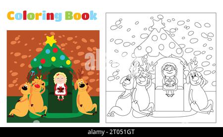 Christmas coloring book for children and adults. Mrs. Santa Claus is reading a book Reindeer in a house. Mother Christmas is sitting on a chair. Stock Vector