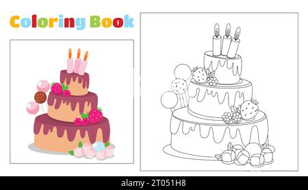 Children's coloring cake three tiers with candles and chocolate cream, marshmallow, candy pop, lollipop in cartoon style. Stock Vector