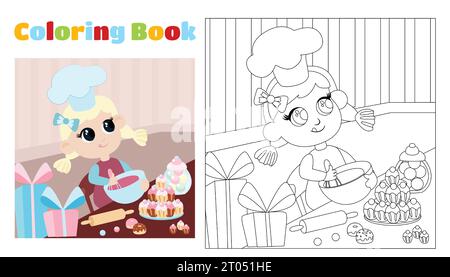 Children's coloring girl in a chef's hat prepares dessert. Coloring page for children aged 4-8 in kindergarten and elementary school. Stock Vector