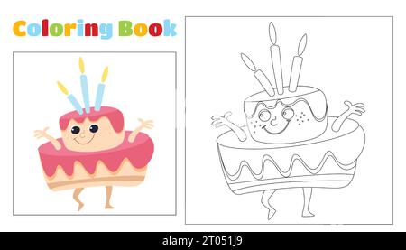 Children's coloring cute birthday cake with candles fun dancing. Coloring page for children aged 4-8 in kindergarten and elementary school. Stock Vector