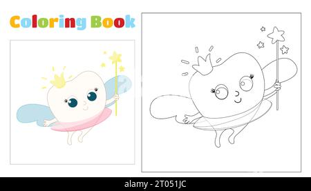 Children's coloring cute tooth with wings, a crown and a magic wand. Coloring page for children aged 4-8 in kindergarten and elementary school. Stock Vector