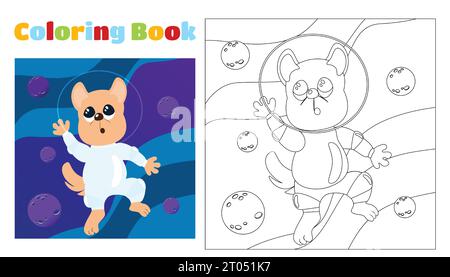 Coloring book for children cute dog in space in a space suit and a helmet among the planets. Pages for kindergarten or elementary school. Stock Vector