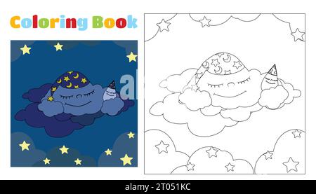 Coloring book for children cute storm cloud in a nightcap with a drop of rain sleeps on a cloud among the stars and clouds. Coloring pages. Stock Vector