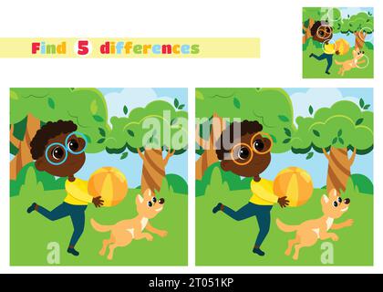 Find the differences. Boy running in park near trees with ball and dog in cartoon style. An educational game for children in elementary school. Stock Vector