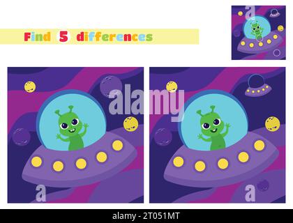 Find the differences. A small friendly alien inside a flying saucer in a cartoon style. An educational game for children in elementary school. Stock Vector