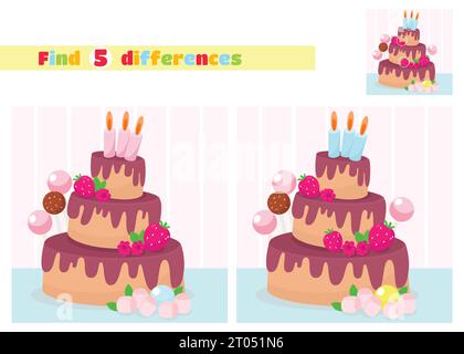 Find the differences. Multi-tiered birthday cake with candles. An educational game for children in elementary school or kindergarten. Stock Vector