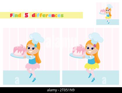 Find the differences. The girl is holding a cake. The child is wearing a chef's hat. An educational game for children in elementary school. Stock Vector