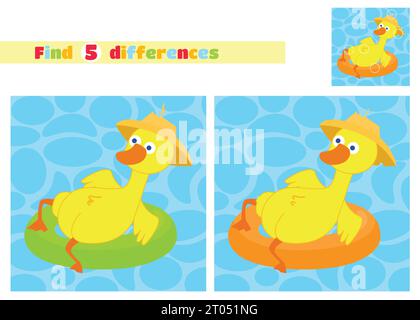 Find the differences. A duck in a hat floats on an inflatable circle on the water in a cartoon style. An educational game for children. Stock Vector