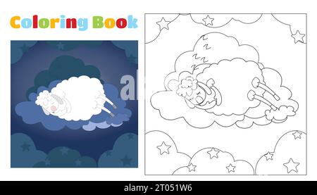 Coloring book for children cute sheep sleeps on a cloud among the stars and clouds. Coloring pages for kindergarten or elementary school. Stock Vector