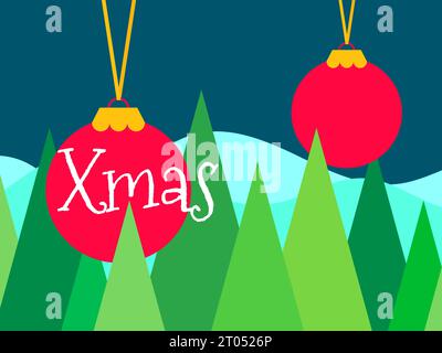 Merry Christmas. Hanging christmas ball with fir trees banner. Christmas tree decoration. Xmas design for greeting card, invitation and banner. Vector Stock Vector