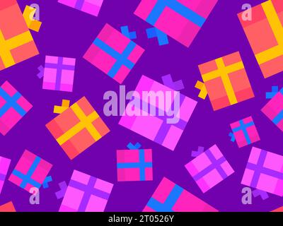 Gifts boxes seamless pattern. Christmas gift boxes with colorful ribbons. Xmas presents design for greeting cards, wrapping paper, banners and promoti Stock Vector