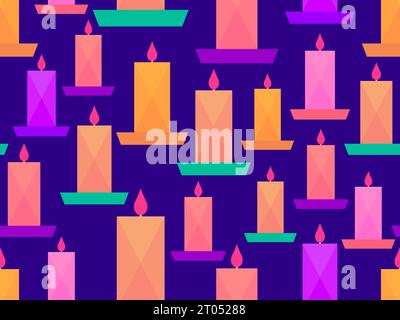 Candles seamless pattern. Multi-colored burning candles on a saucer. Christmas pattern with candles. Xmas and New Year holiday design for wallpapers, Stock Vector