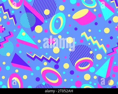 3D geometric seamless pattern in 80s style. 3d isometric triangles, zigzags and circles. Geometric memphis style. Design for promotional products, wra Stock Vector