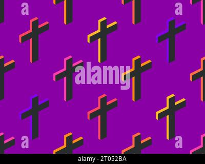 Seamless pattern with 3D Christian crosses. Halloween background with multi-colored 3D Christian crosses on a purple background. Festive design for wa Stock Vector