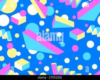 3D geometric seamless pattern in 80s style. 3d isometric triangles, zigzags and circles. Geometric memphis style. Design for promotional products, wra Stock Vector