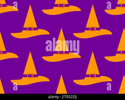 Witch hat seamless pattern. Halloween background with orange cone witches hat on purple background. Happy Halloween October 31st. Festive design for w Stock Vector