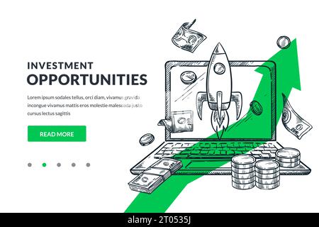 Investment, market trade, finance concept. Rocket and money fly out of laptop screen. Hand drawn vector sketch illustration. Poster banner design temp Stock Vector