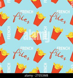 Pattern with french fried potatoes in red box packaging in blue background. . Vector illustration Stock Vector