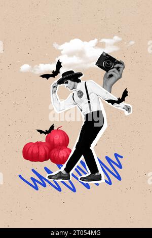 Vertical collage of black white effect mariachi guy dancing big arm hold photo camera flying bats clouds pumpkins isolated on beige background Stock Photo