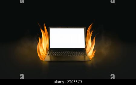 Black laptop computer with burning fire in dark background, computer laptop with copy space on white blank screen for text, computer technology advert Stock Photo