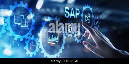 SAP software business process automation. ERP enterprise resource planning system on virtual screen. Stock Photo