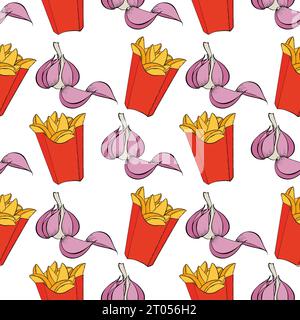 Pattern garlic and french fried potatoes in red box packaging. Hand drawn. Vector illustration Stock Vector