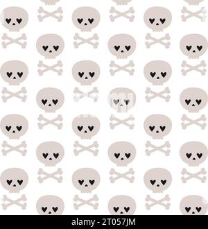 Vector seamless pattern of hand drawn flat groovy skull and crossed bones isolated on white background Stock Vector