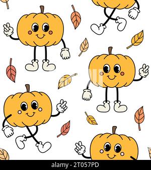 Vector seamless pattern of retro groovy cartoon pumpkins and leaves isolated on white background Stock Vector