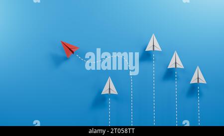 Different business concept. Red paper plane changing direction from white paper plane. new ideas. paper art style. creative idea.3D rendering on blue Stock Photo