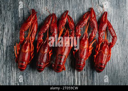 high angle view of some cooked crayfishes arranged in a line on a gray rustic wooden table Stock Photo